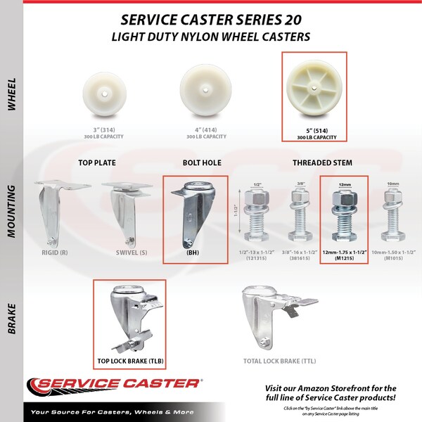 Service Caster 5 Inch SS Nylon Wheel Swivel 12mm Threaded Stem Caster Set Brake SCC SCC-SSTS20S514-NYS-TLB-M1215-4 - main